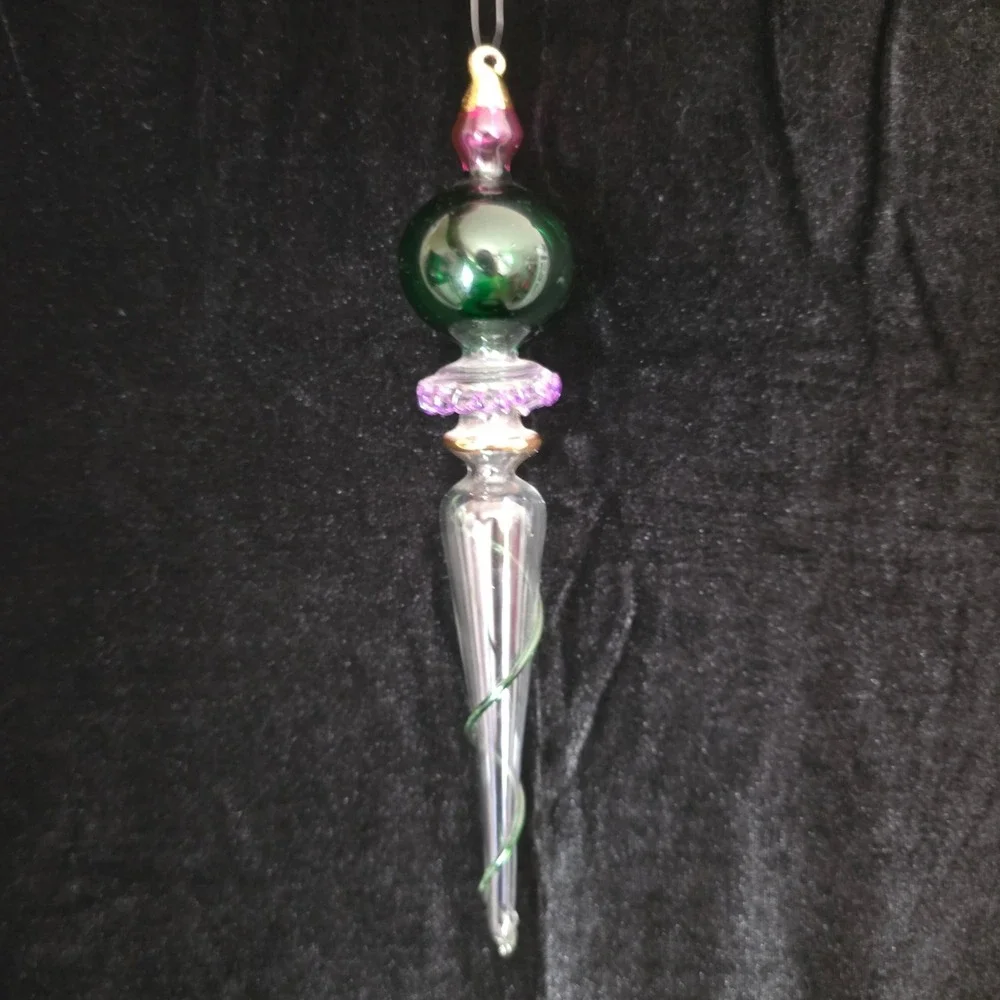 Thomas Pacconi Museum Series Blown Glass Christmas Ornament Green Purple Icicle
